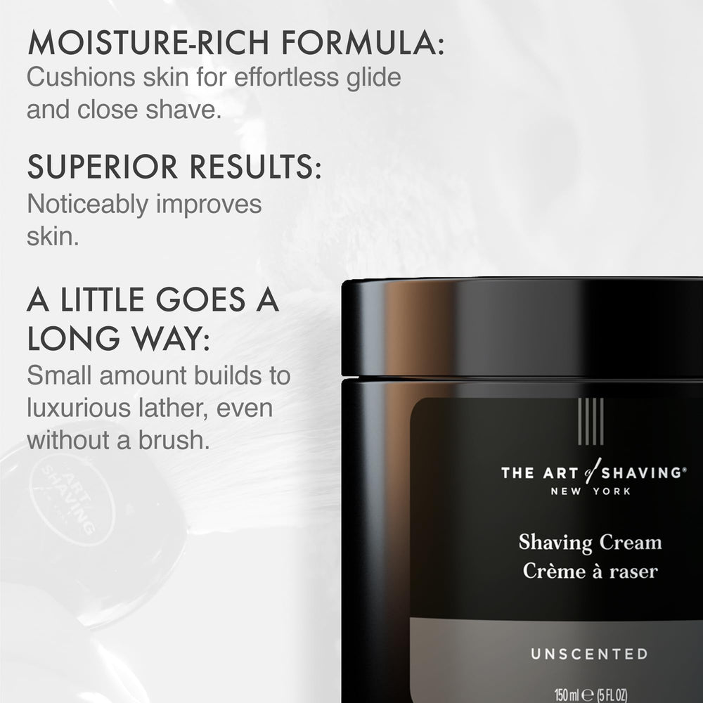 The Art of Shaving unscented shaving cream lather close-up shows rich foam for smooth glide.