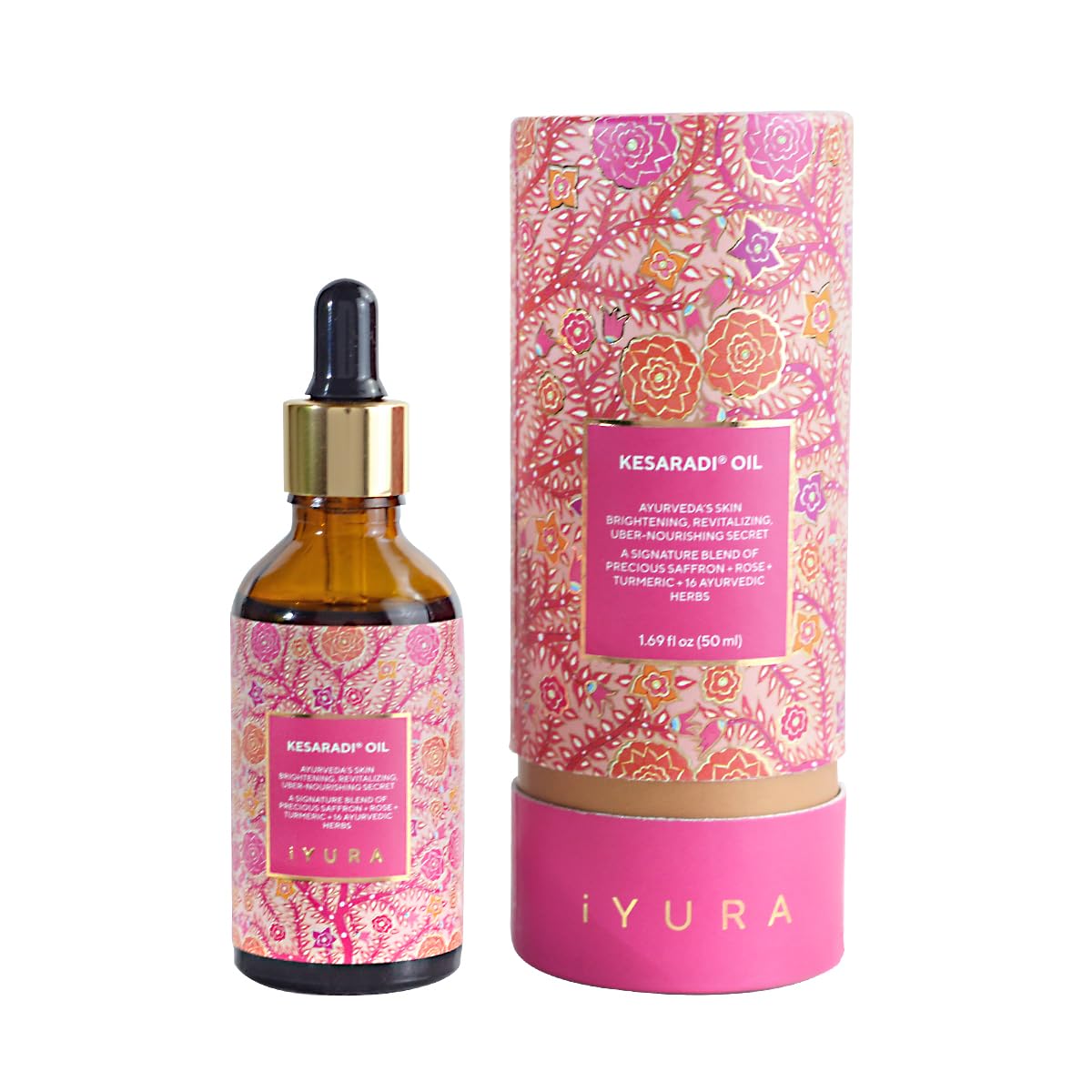 The Ayurveda Experience Kesaradi face oil bottle glows with saffron hydration.