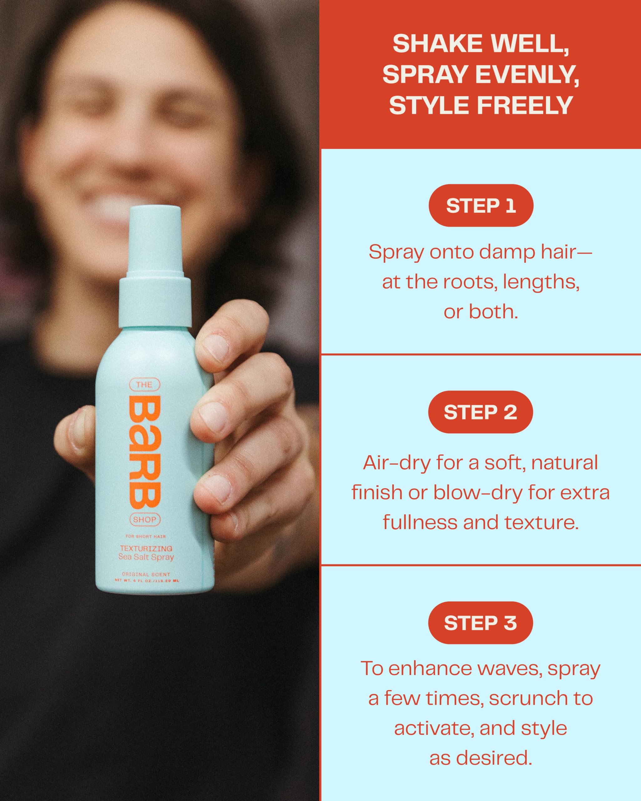 Barb Sea Salt Spray applied to damp hair for beach texture