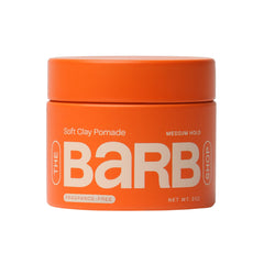 The Barb Shop Barb Soft Clay Pomade jar showing fragrance-free medium hold.
