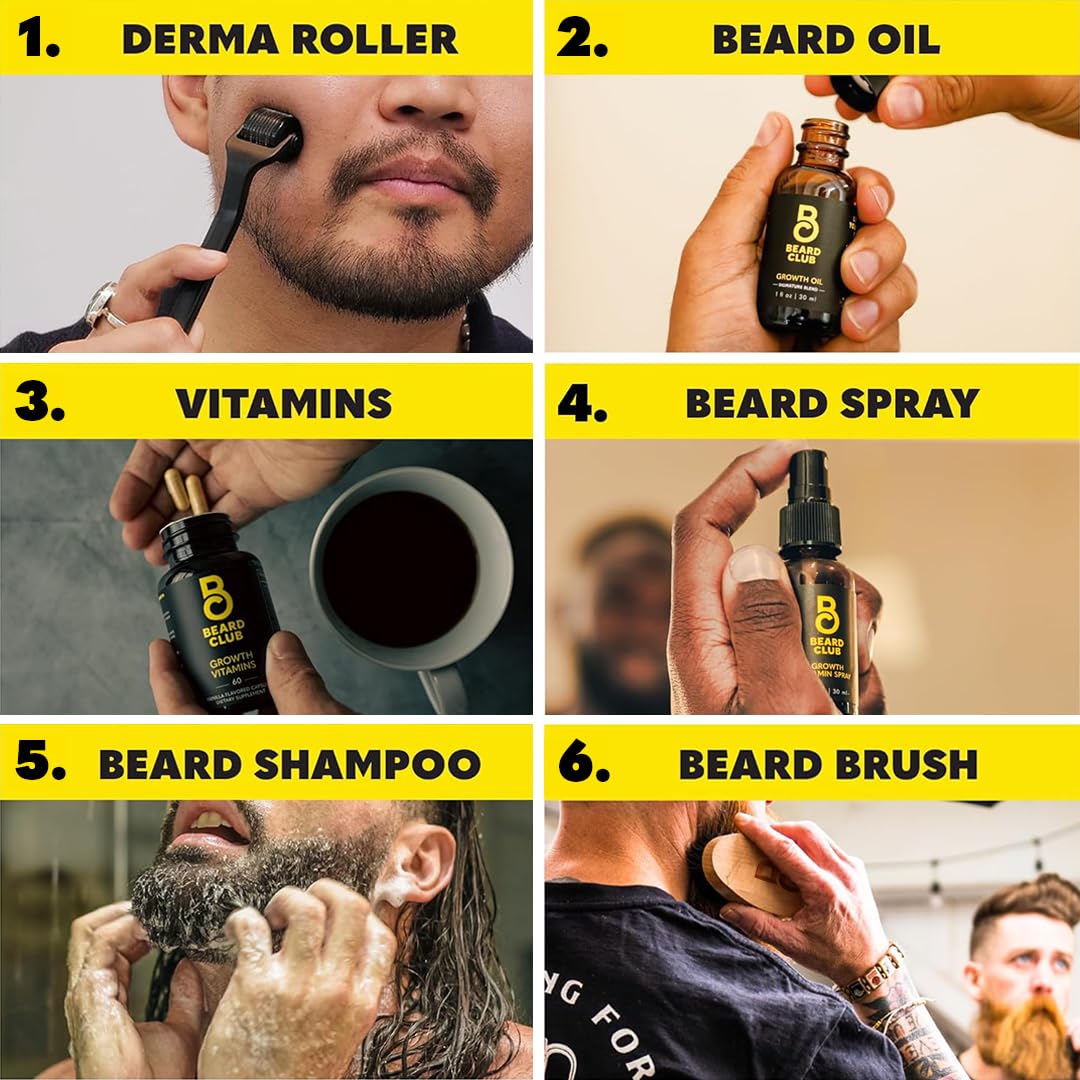 The Beard Club growth oil bottle highlighting nourishment for facial hair.