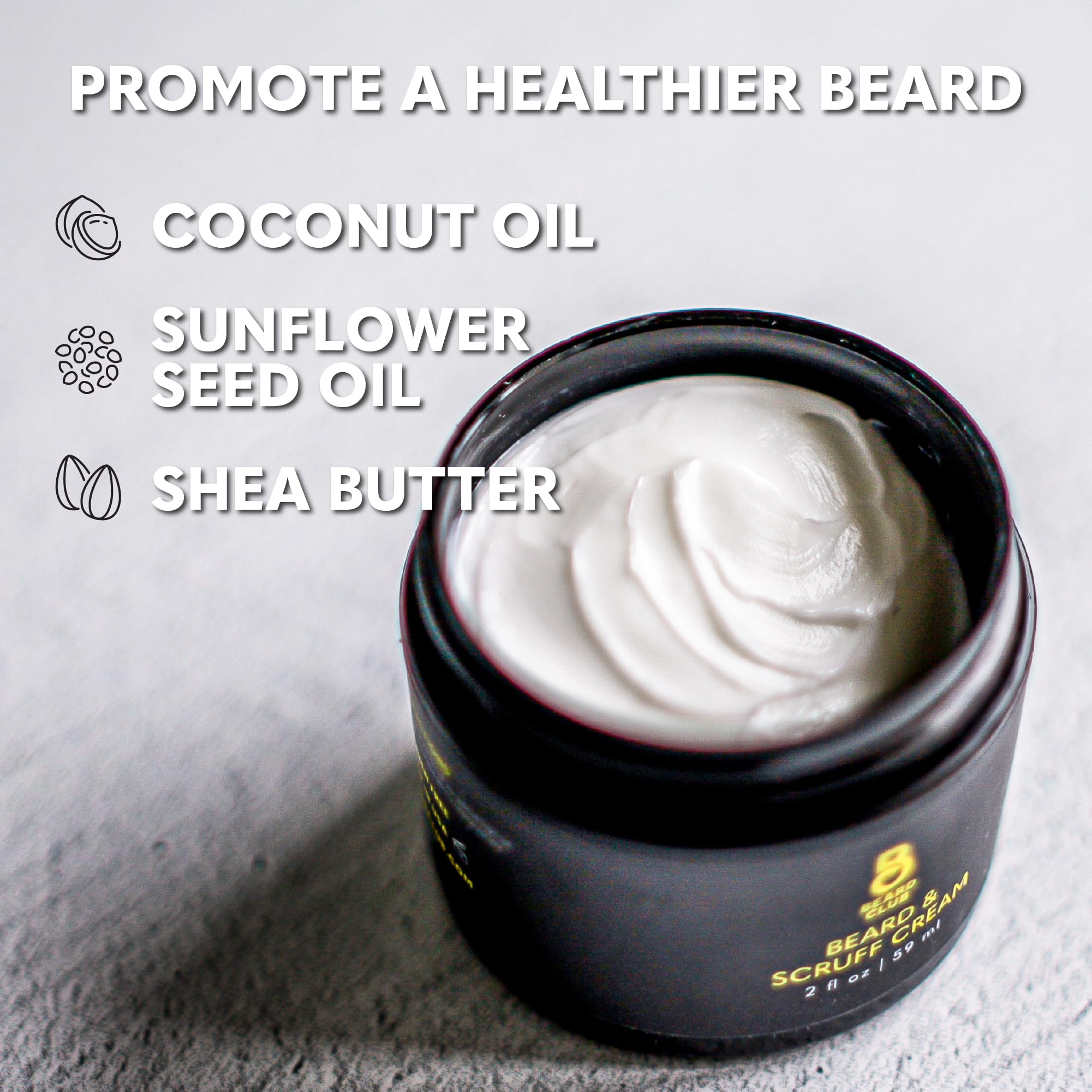 The Beard Club Biotin Beard Cream with shea butter nourishes skin and hair.