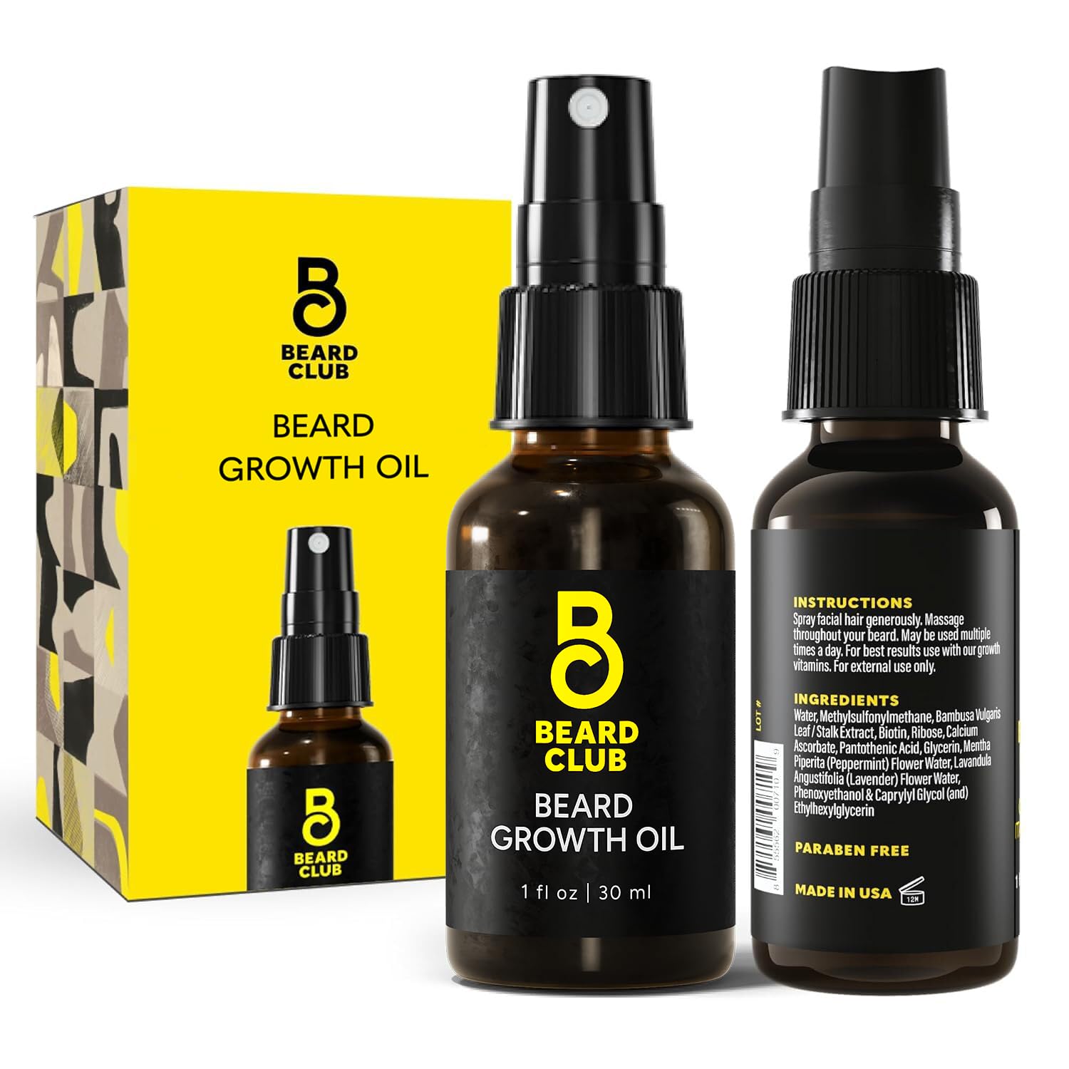 The Beard Club Biotin beard growth oil bottle with fine mist for even coverage.