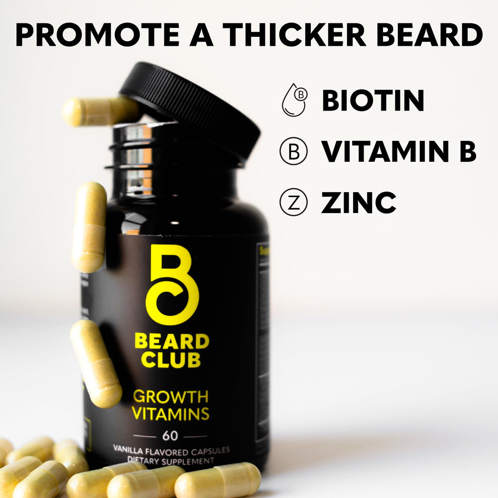 The Beard Club Biotin Beard Growth Vitamins packaging on a clean surface