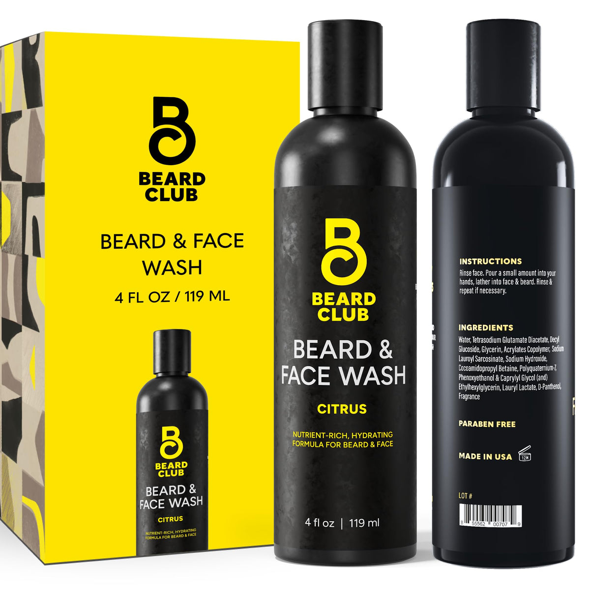 The Beard Club Citrus Beard Face Wash bottle demonstrates an all-in-one cleanser.