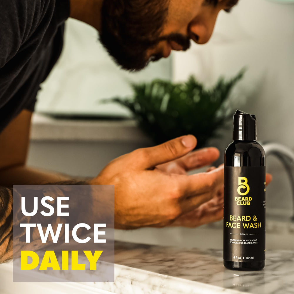 Beard Club badge and citrus scent highlight morning ritual.