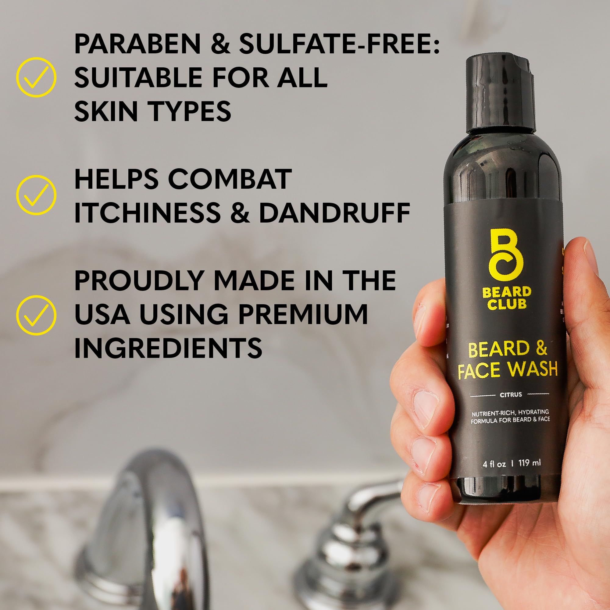 Sleek bottle with citrus splash conveys refreshing cleanse for sensitive skin.