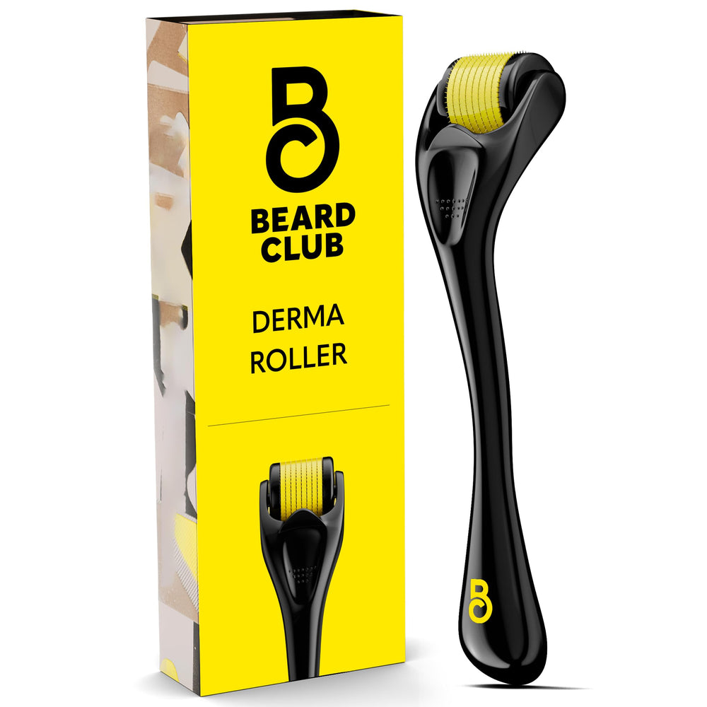 The Beard Club derma roller face closeup highlights precise 0.25mm needles for at-home grooming.
