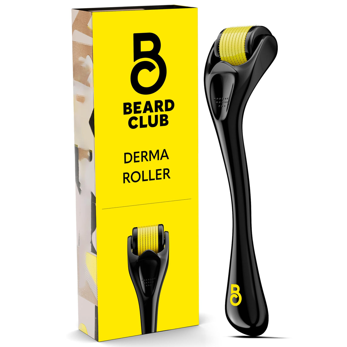 The Beard Club derma roller face closeup highlights precise 0.25mm needles for at-home grooming.