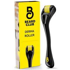 The Beard Club derma roller face closeup highlights precise 0.25mm needles for at-home grooming.