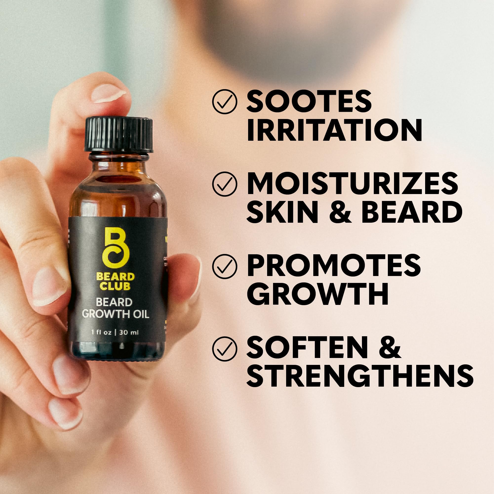 Hands apply The Beard Club Growth Oil with gentle beard massage.