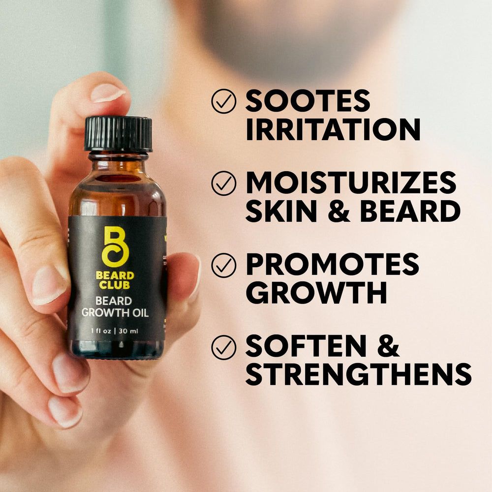 Hands apply The Beard Club Growth Oil with gentle beard massage.