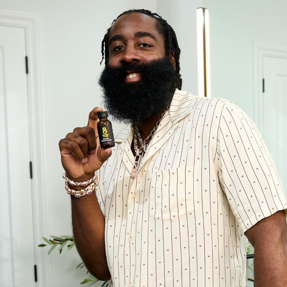 The Beard Club Growth Oil label highlights natural oils.