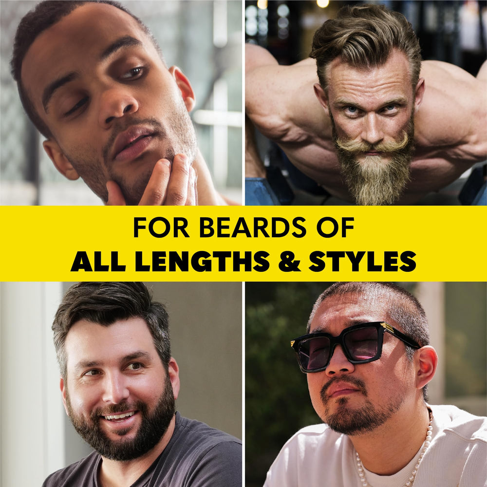 Ingredient bottles highlight vitamins and botanicals supporting healthy beard maintenance.