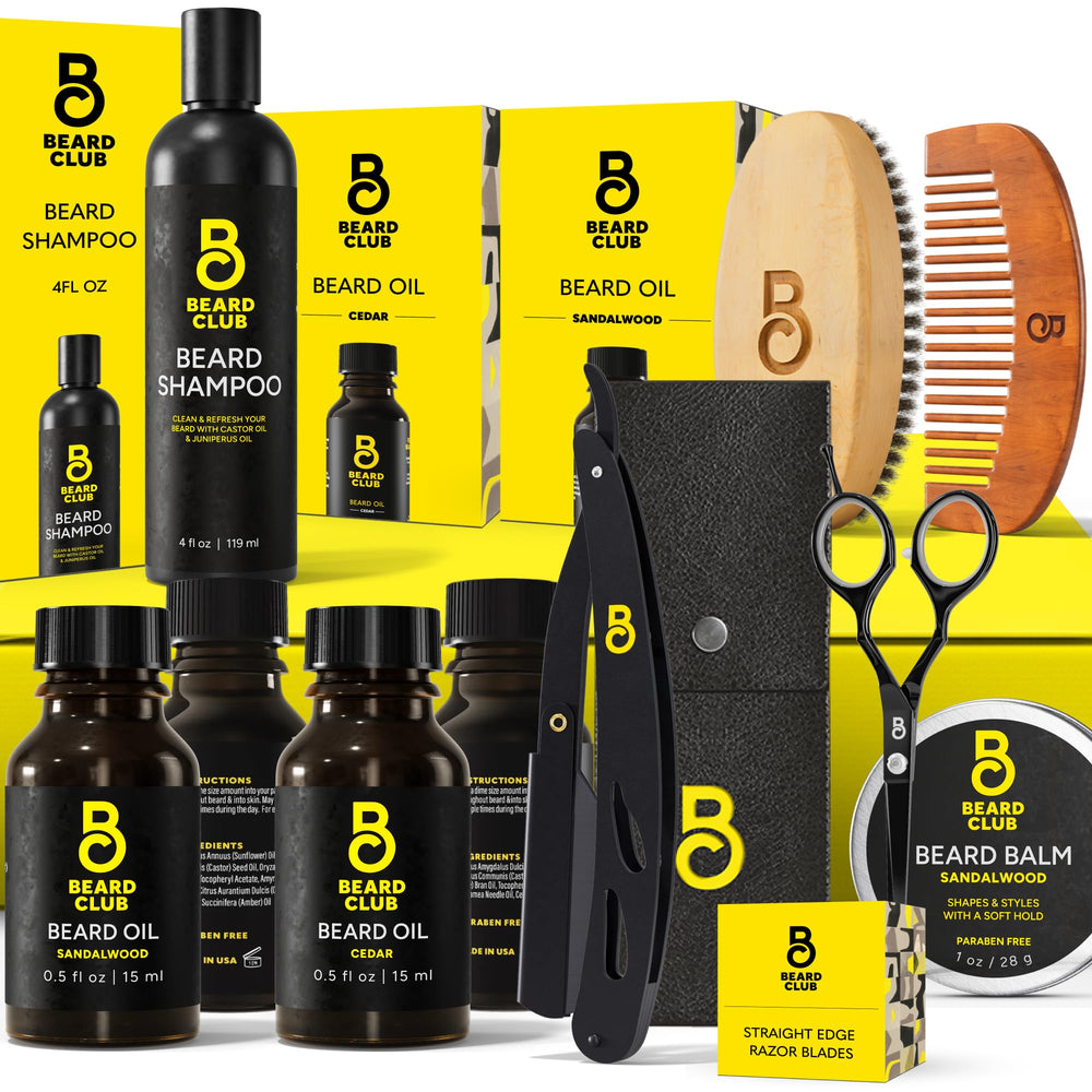 The Beard Club Premium cedar oil bottle shows a woodsy scent for daily grooming.
