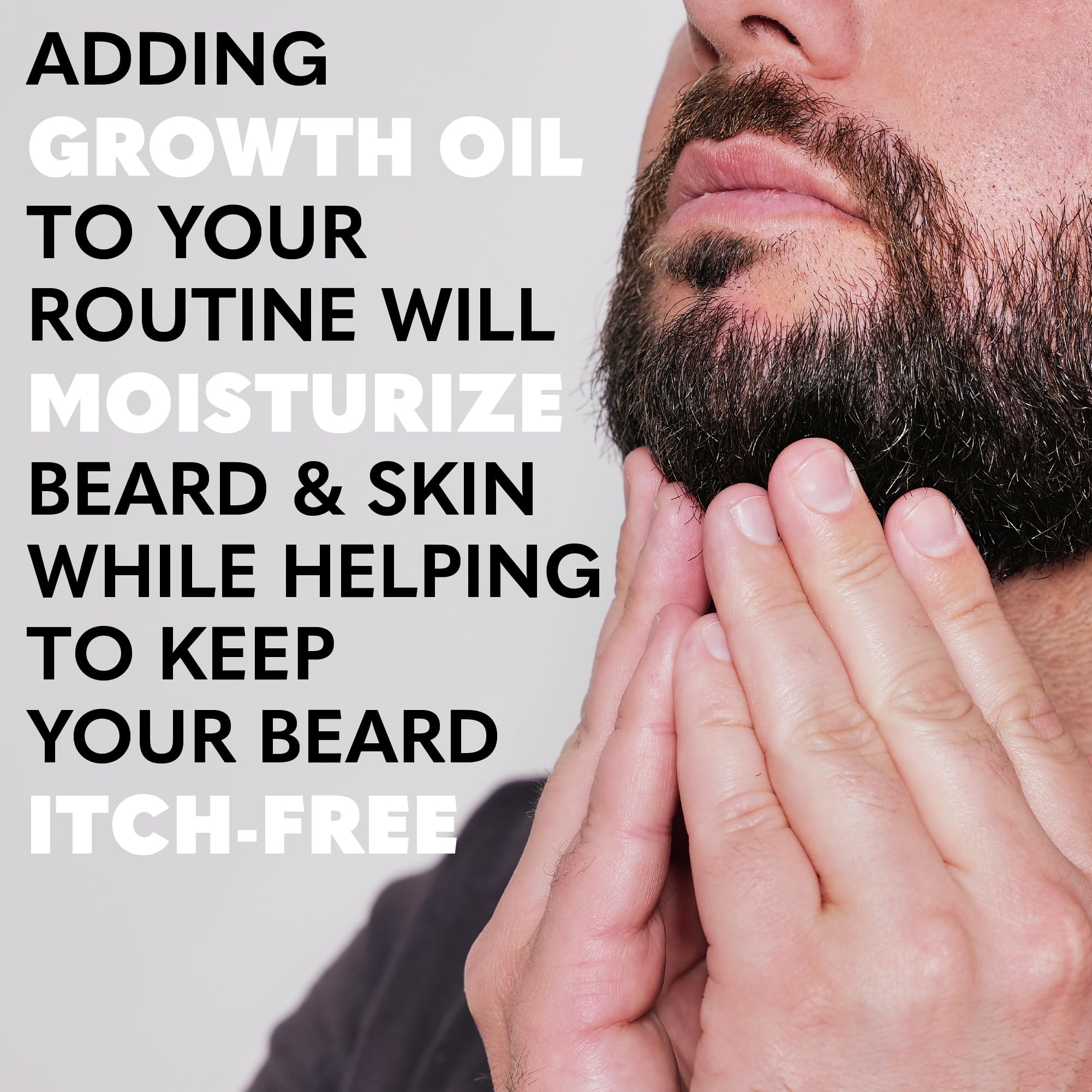 Close up shows Beard Club Growth Oil being applied.