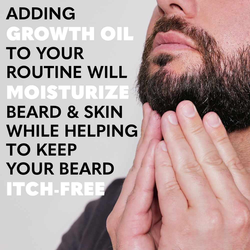 Close up shows Beard Club Growth Oil being applied.