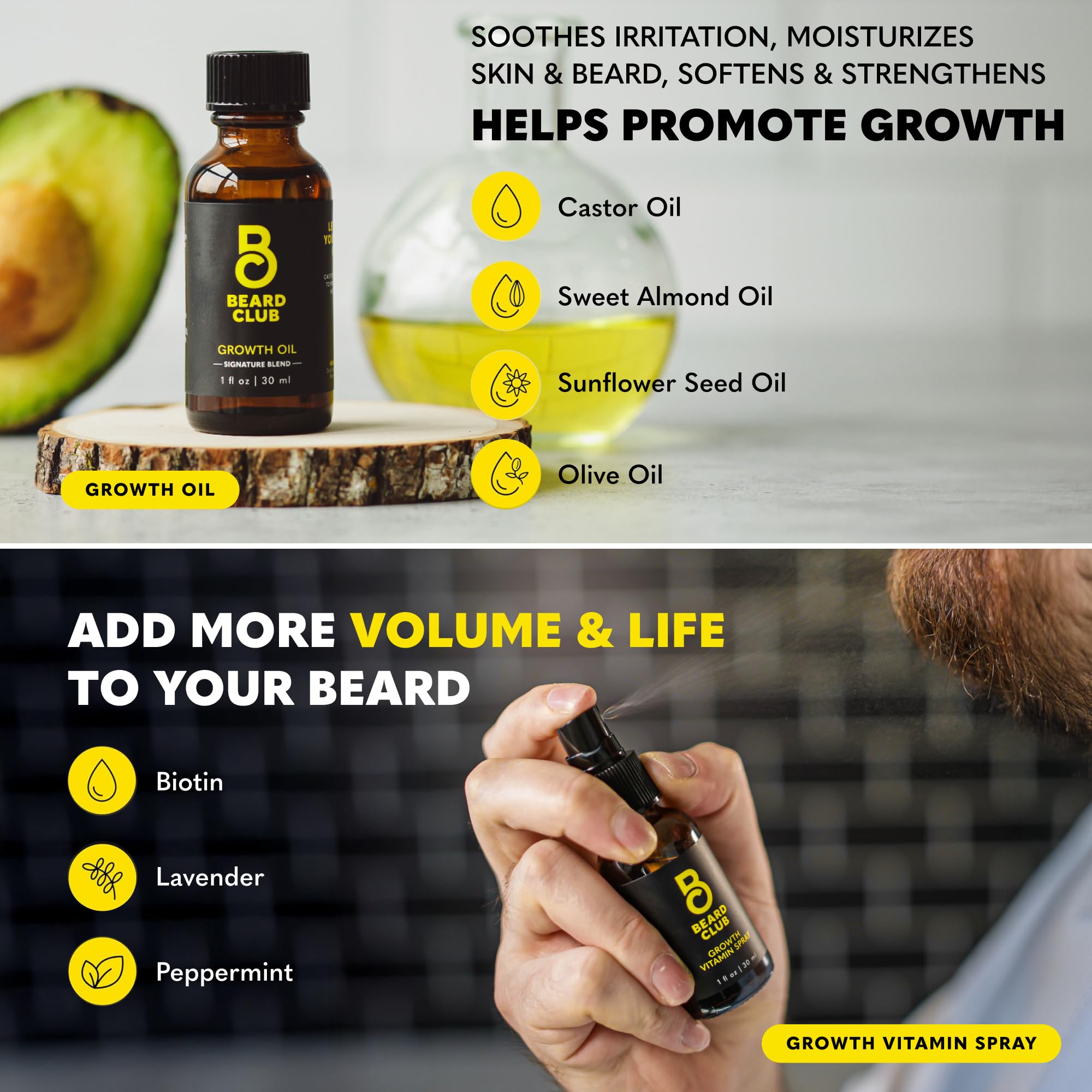 The Beard Club Supreme Growth Oil nourishes roots and softens skin during grooming.
