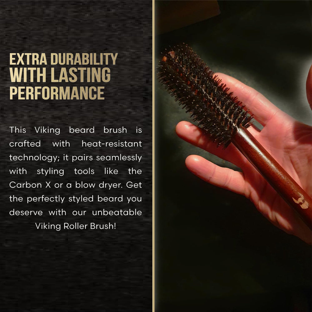 The Beard Struggle Viking Roller Brush features a wooden handle for comfortable control.