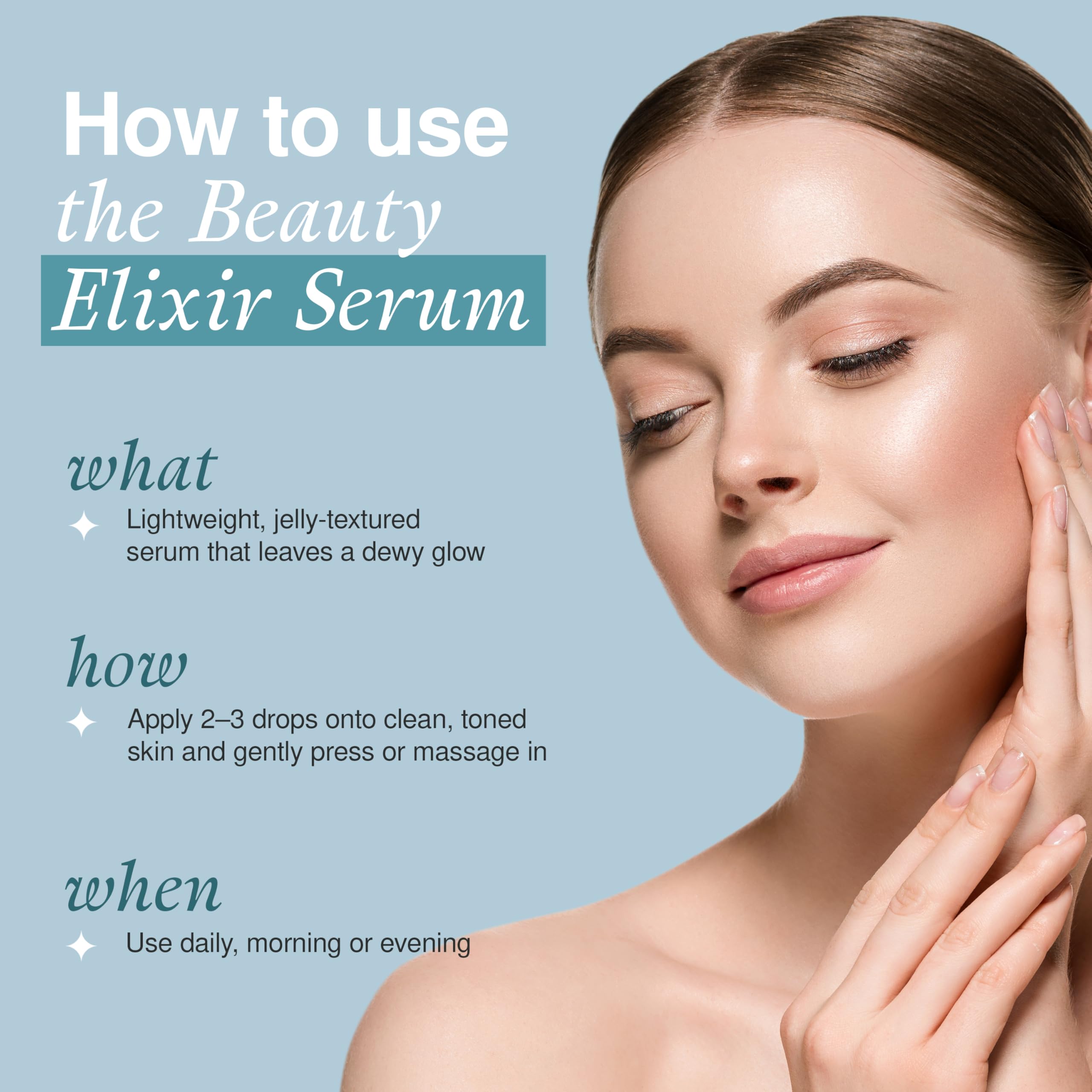 The Beauty Elixir Serum con dispensador de cristal para uso preciso durante la rutina.