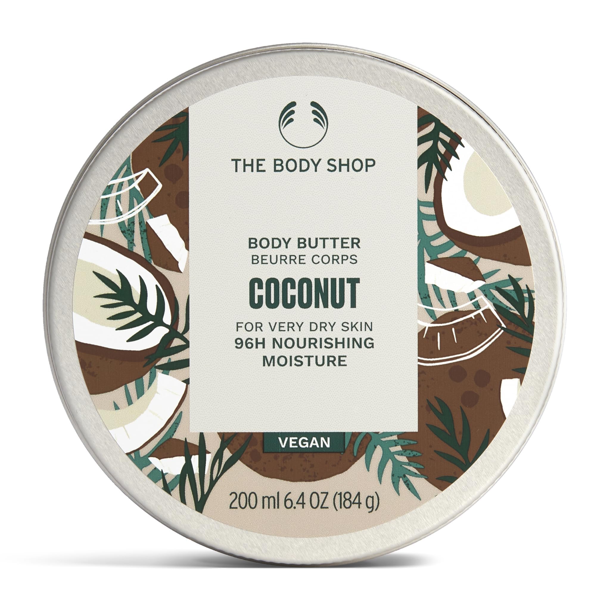 The Body Shop Coconut Body Butter jar close-up shows creamy texture and glow