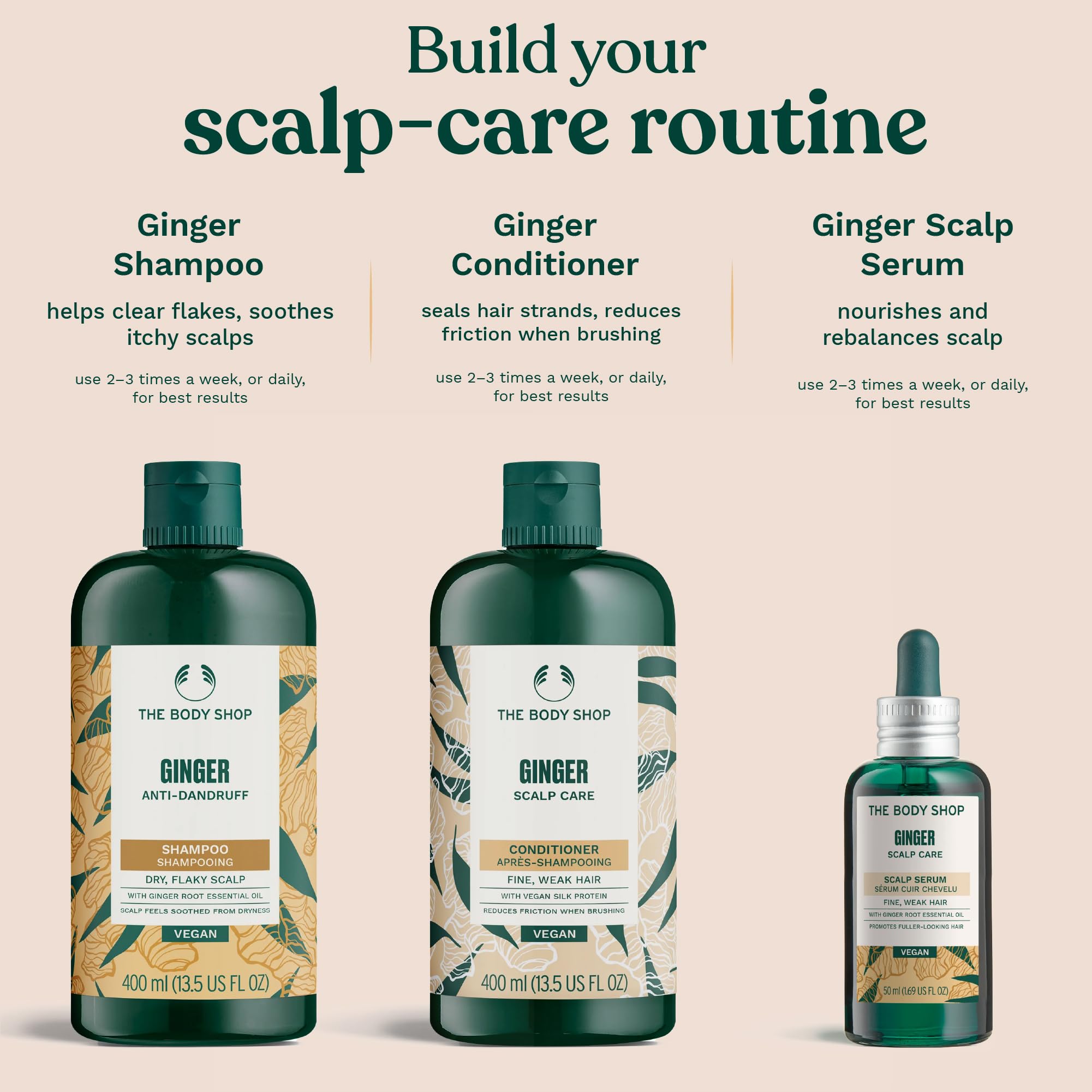 The Body Shop Ginger Scalp Care Shampoo, aroma de jengibre para experiencia sensorial.