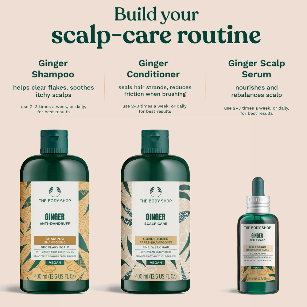 The Body Shop Ginger Scalp Care Shampoo, aroma de jengibre para experiencia sensorial.