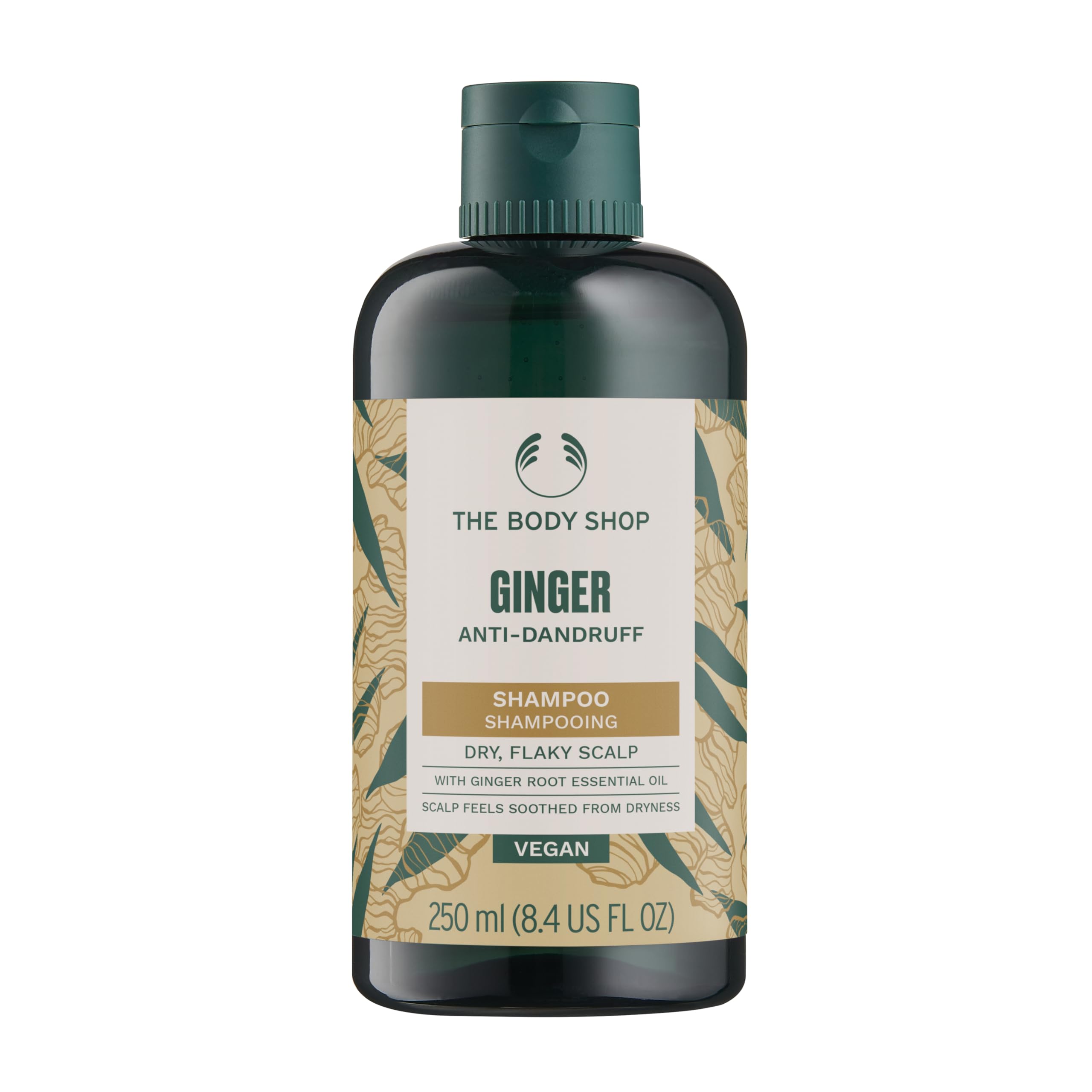 The Body Shop Ginger Scalp Care Shampoo, botella con aroma a jengibre para cuero cabelludo suave.