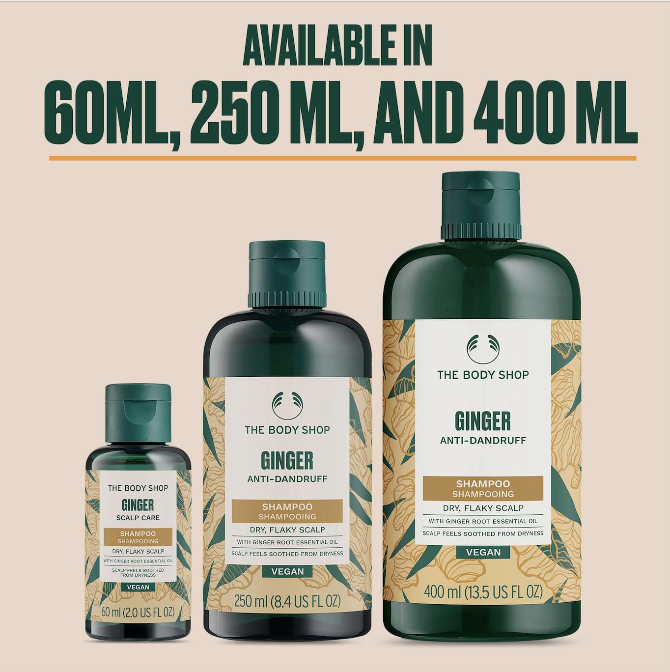The Body Shop Ginger Scalp Care Shampoo, envase 100% reciclado para sostenibilidad.