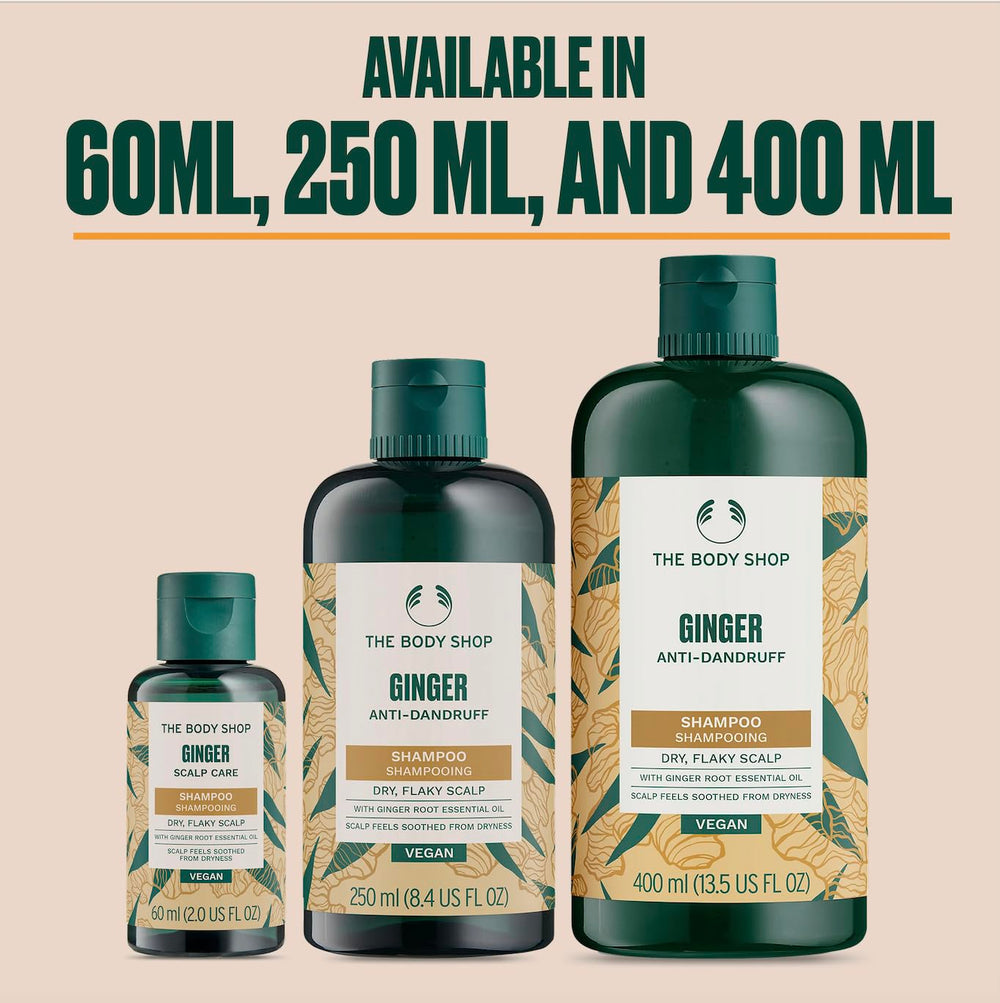The Body Shop Ginger Scalp Care Shampoo, envase 100% reciclado para sostenibilidad.
