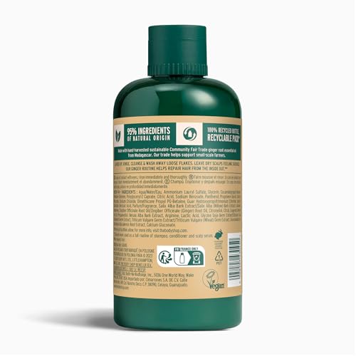 The Body Shop Ginger Scalp Care Shampoo, textura sedosa vegana para cabello saludable.