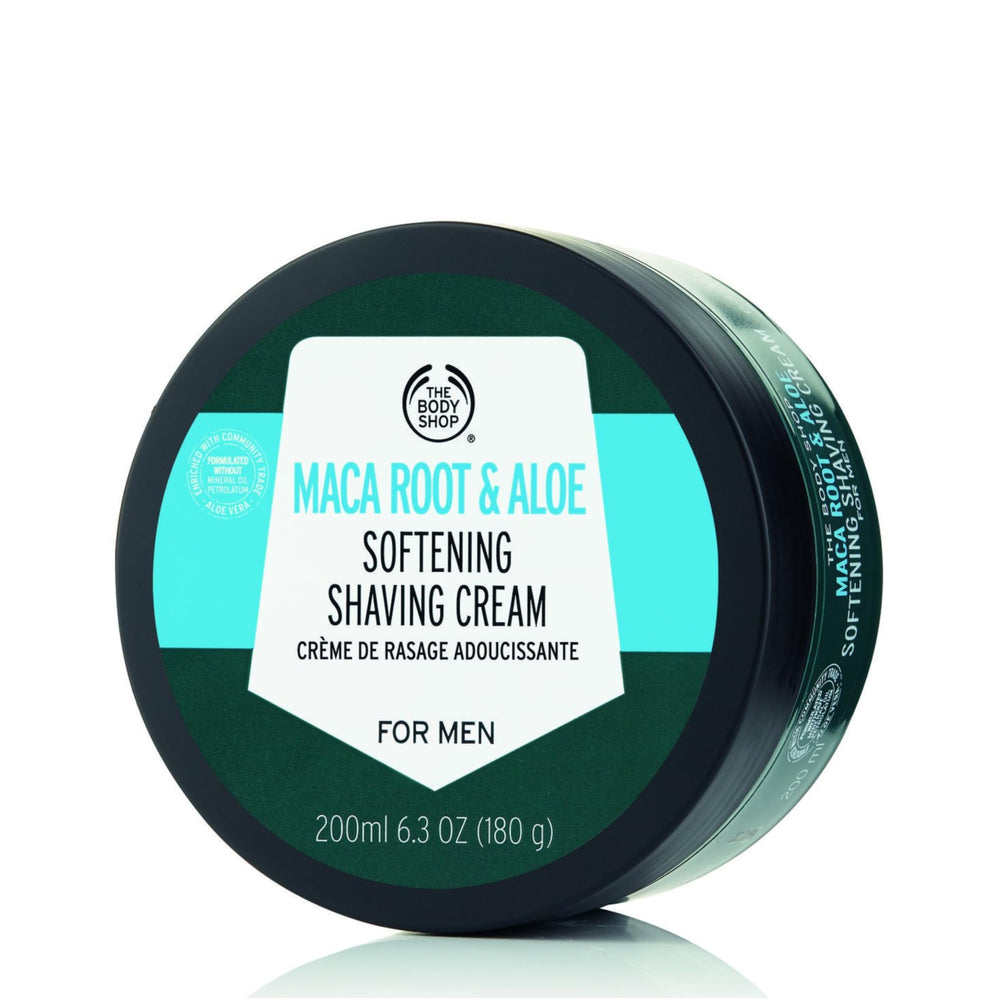 The Body Shop Maca Root & Aloe Shaving Cream bottle ready for a smooth shave.