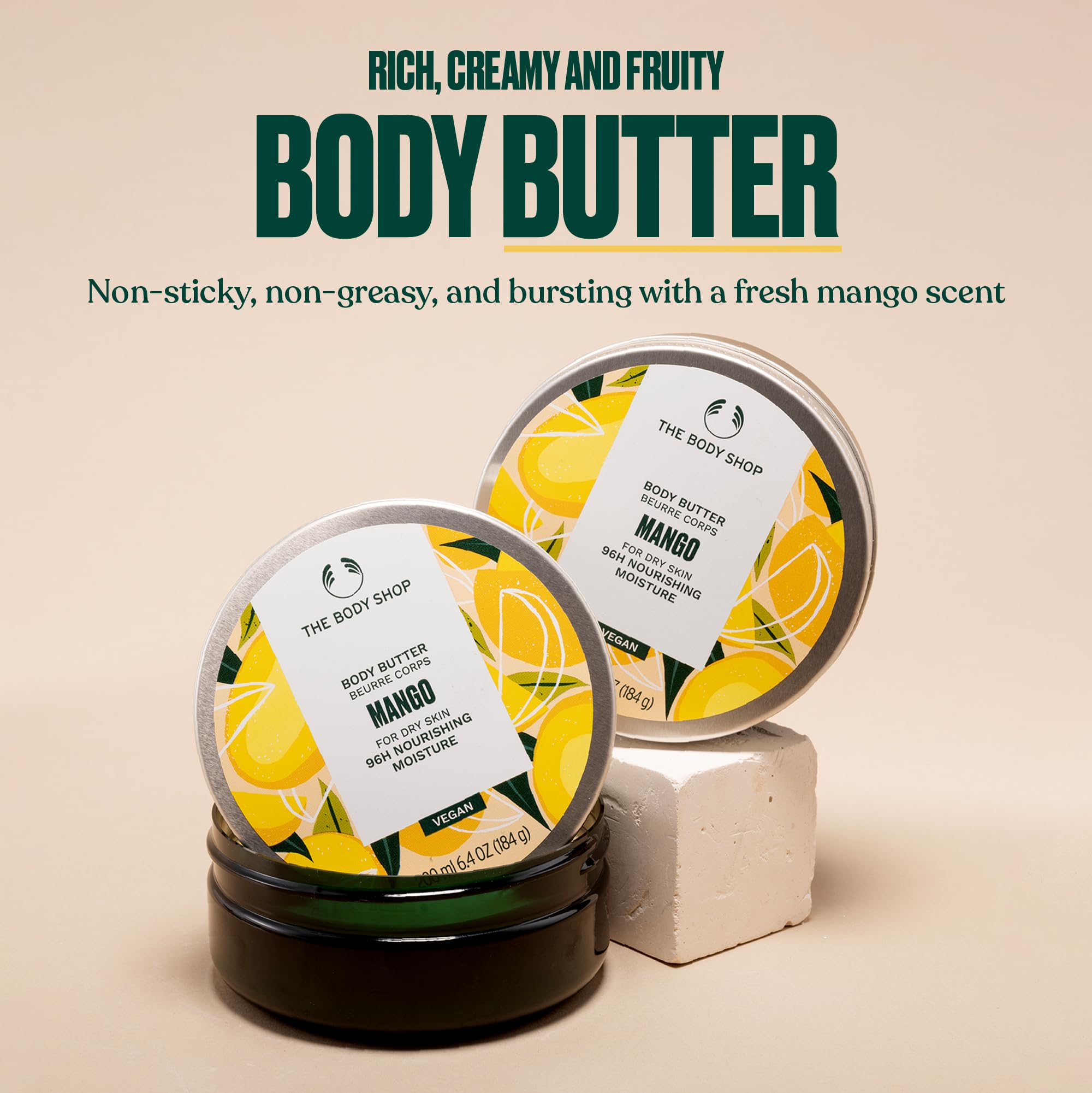The Body Shop Mango Body Butter packaging highlights recyclable materials and fair-trade ingredients