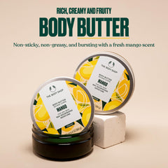 The Body Shop Mango Body Butter packaging highlights recyclable materials and fair-trade ingredients