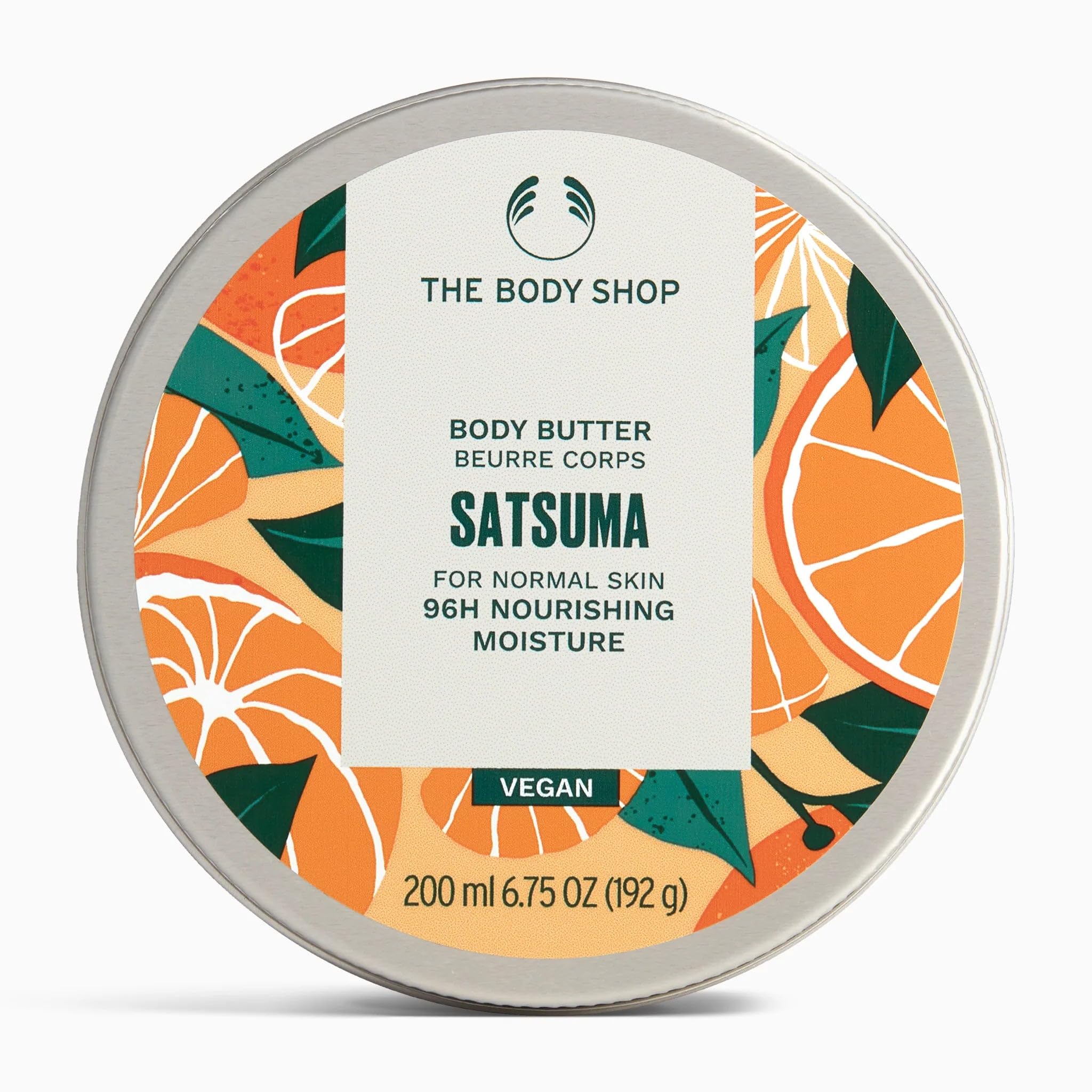 The Body Shop Satsuma Body Butter jar shows creamy texture for nourished skin.