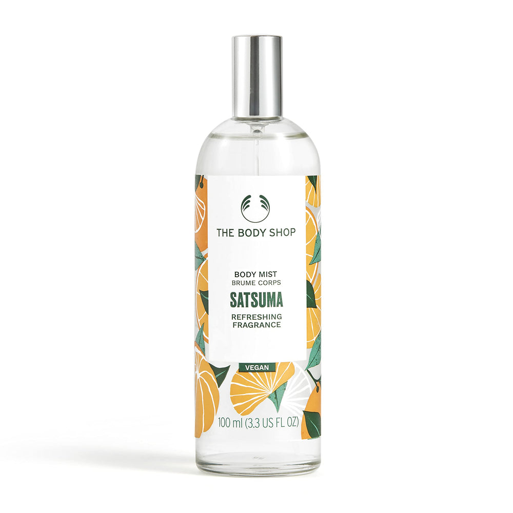 The Body Shop Satsuma Body Mist bottle releasing a refreshing citrus aroma for quick refreshment