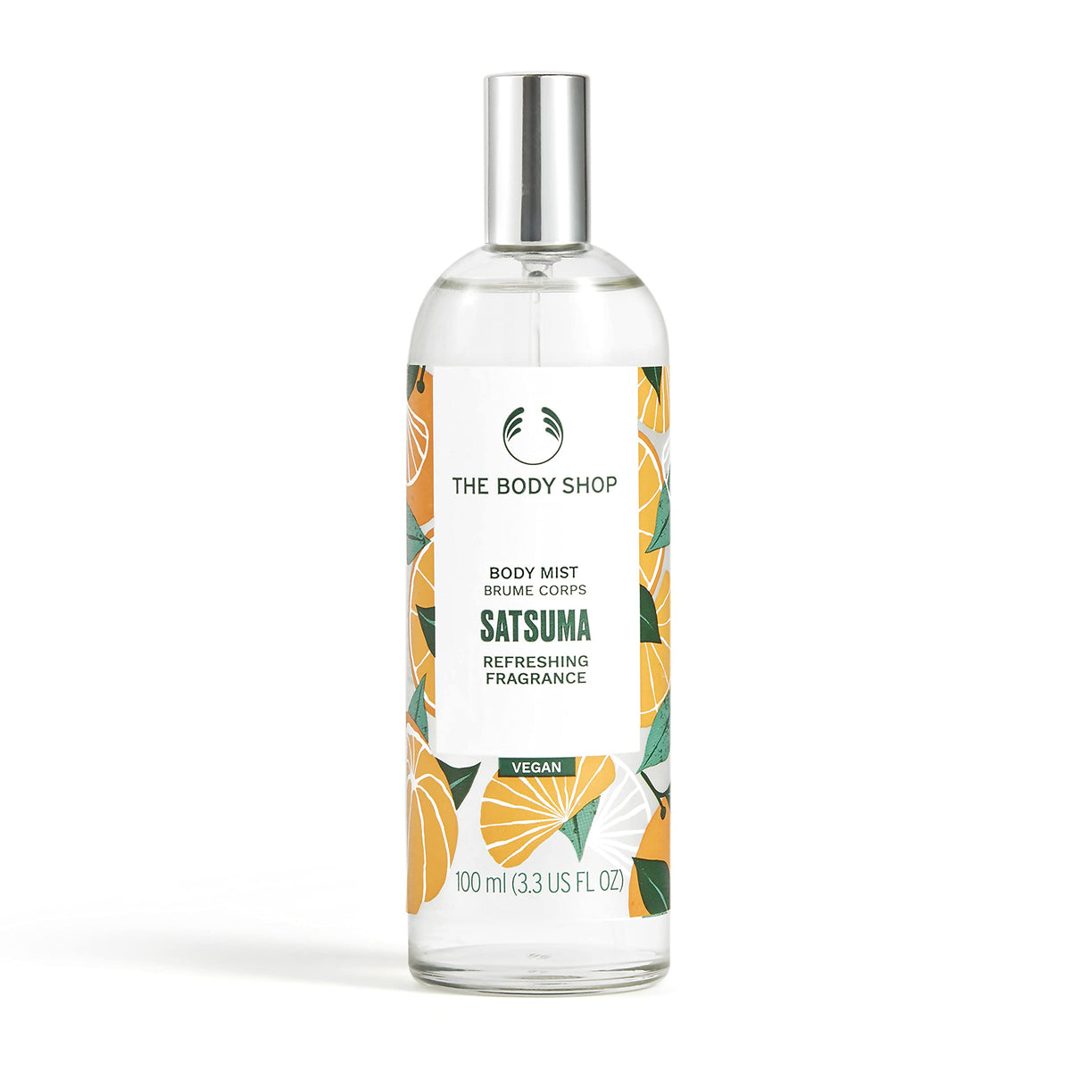 The Body Shop Satsuma Body Mist bottle releasing a refreshing citrus aroma for quick refreshment