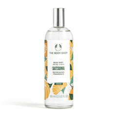 The Body Shop Satsuma Body Mist bottle releasing a refreshing citrus aroma for quick refreshment