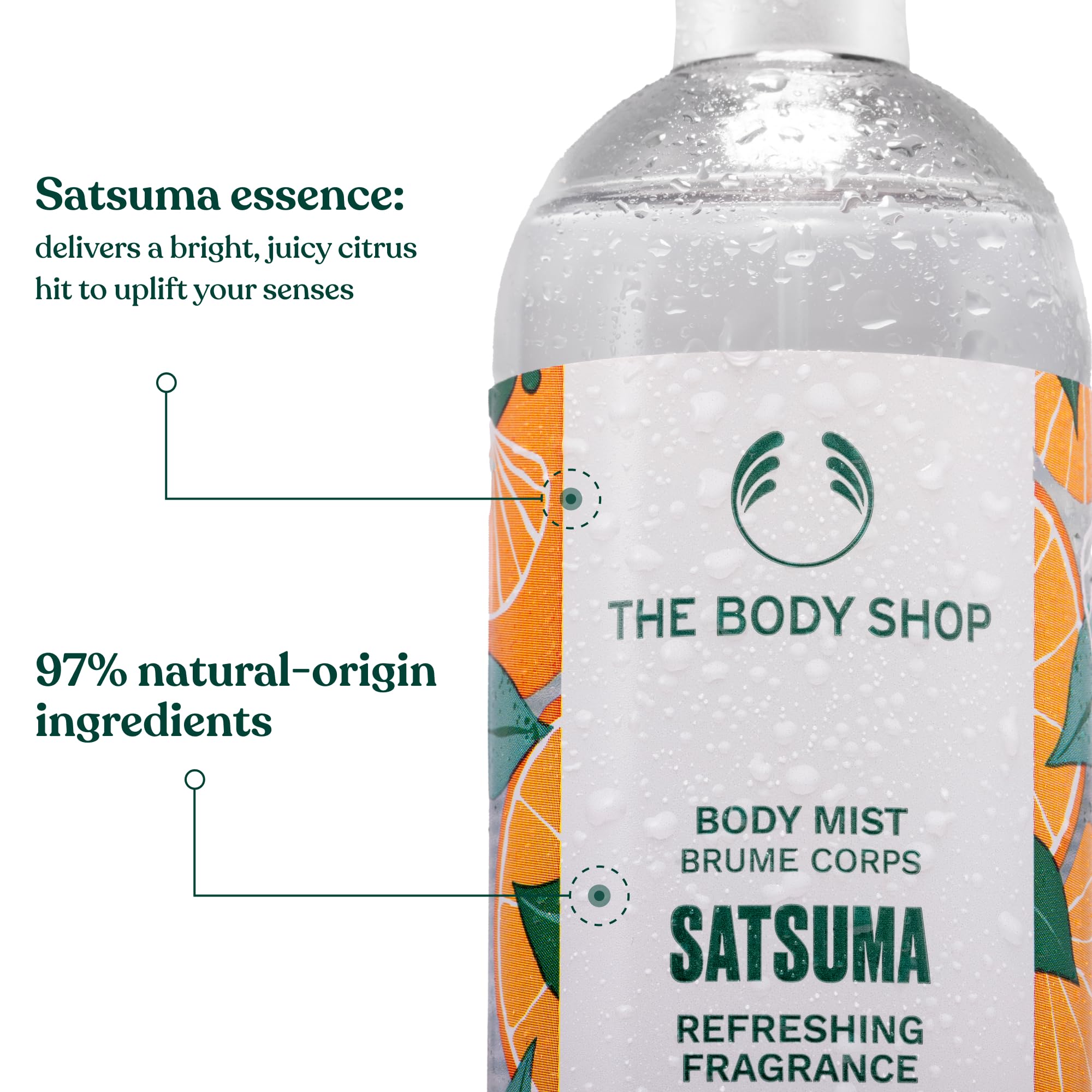 The Body Shop Satsuma Body Mist recyclable glass packaging emphasizes sustainable design