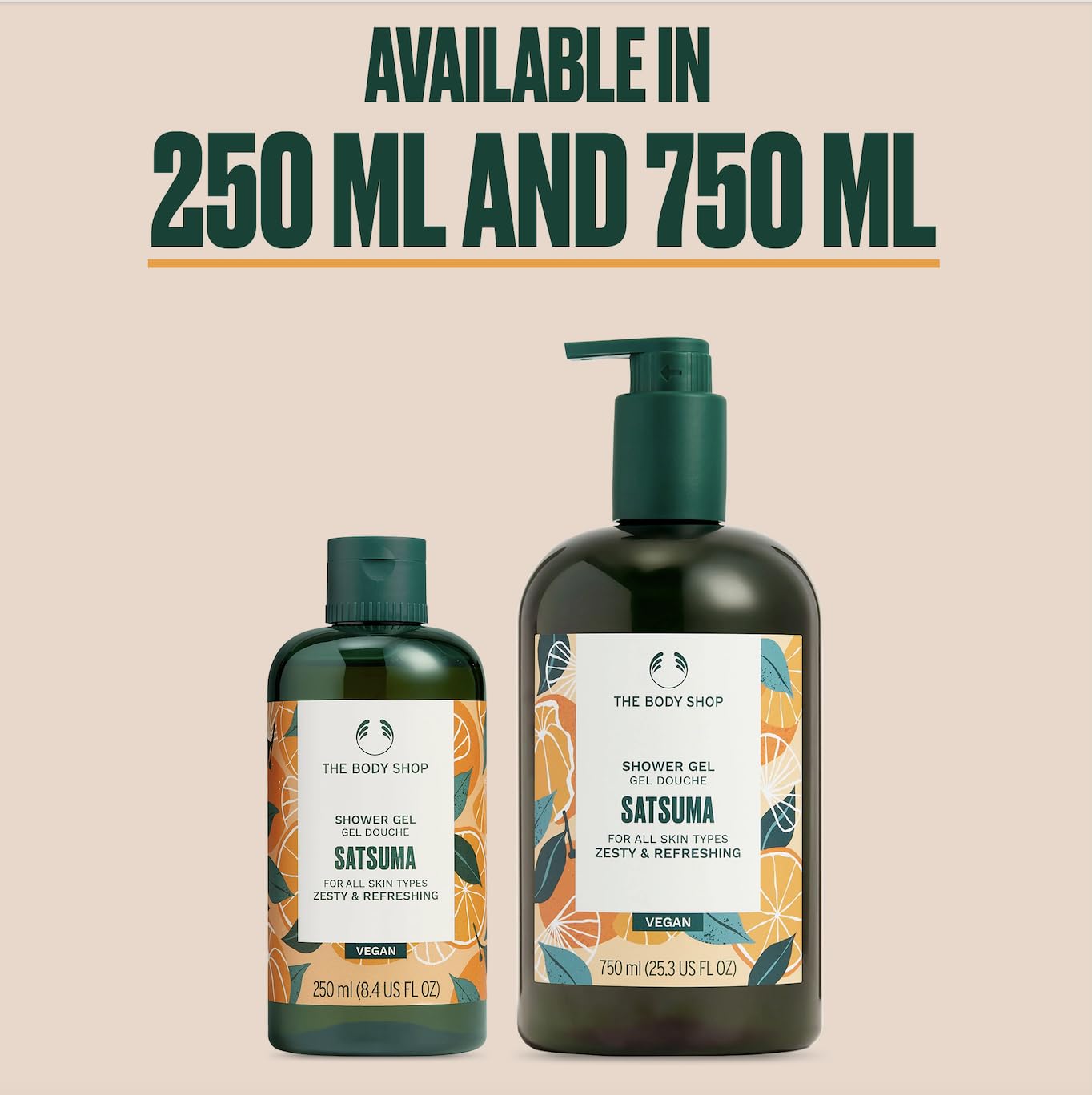 The Body Shop Satsuma, envase variado, presentación práctica en el baño.