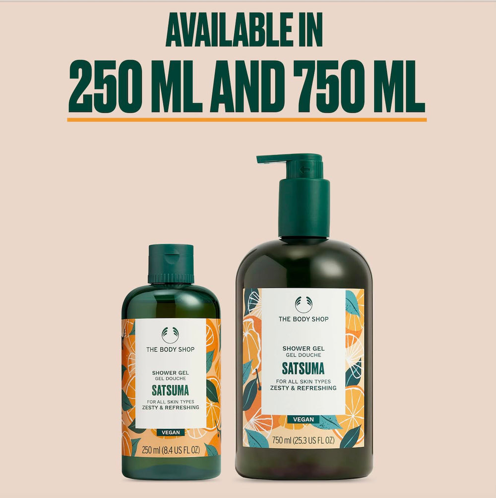The Body Shop Satsuma, envase variado, presentación práctica en el baño.