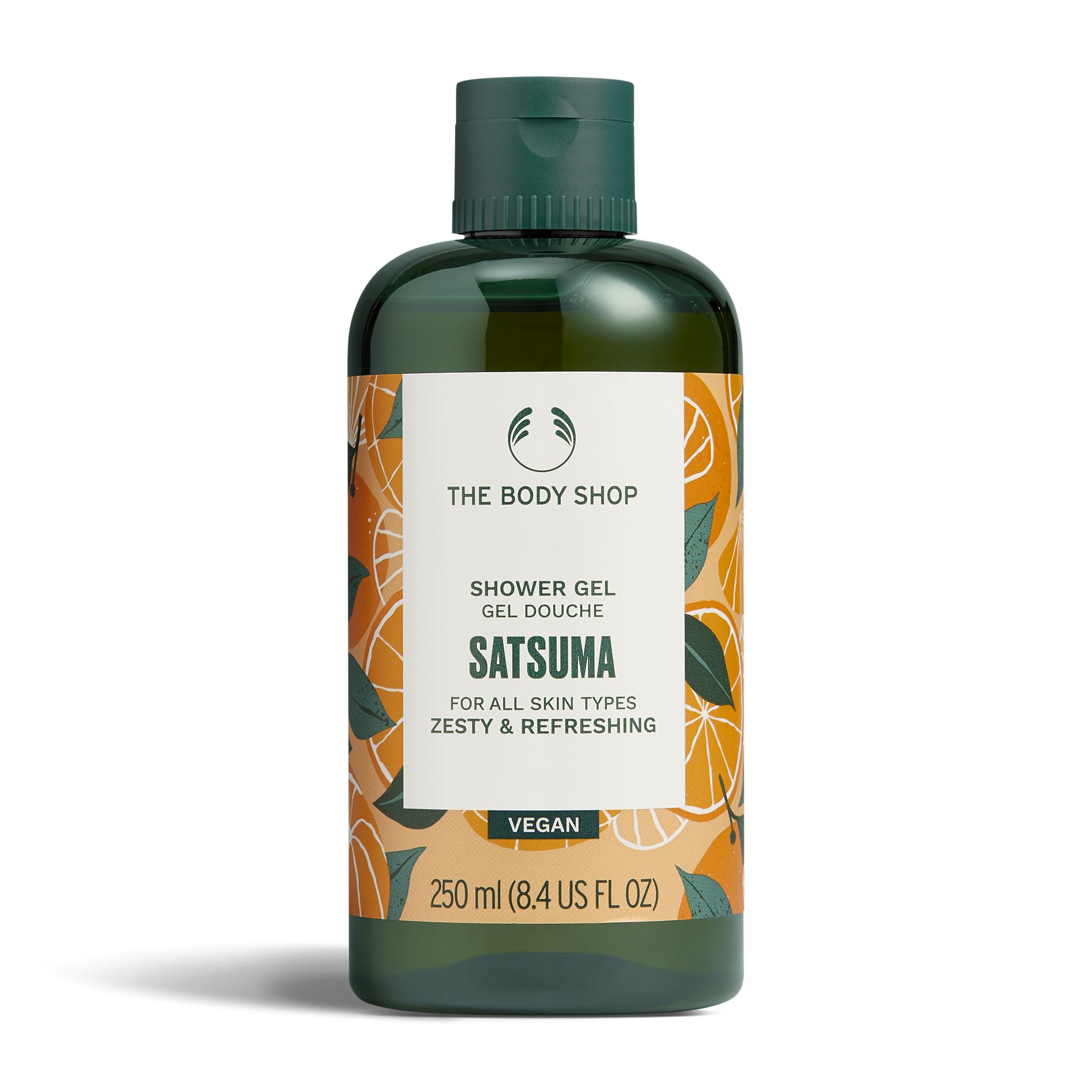 Gel de ducha The Body Shop Satsuma en botella, aroma cítrico revitalizante.