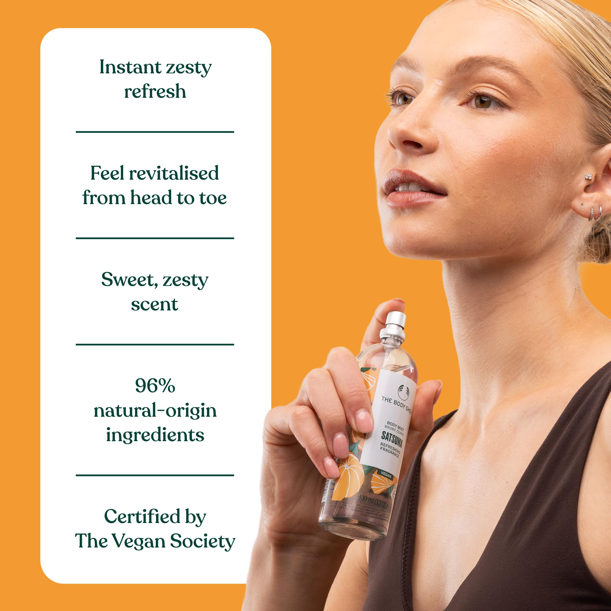 The Body Shop Satsuma Body Mist on skin with a light, non-sticky feel