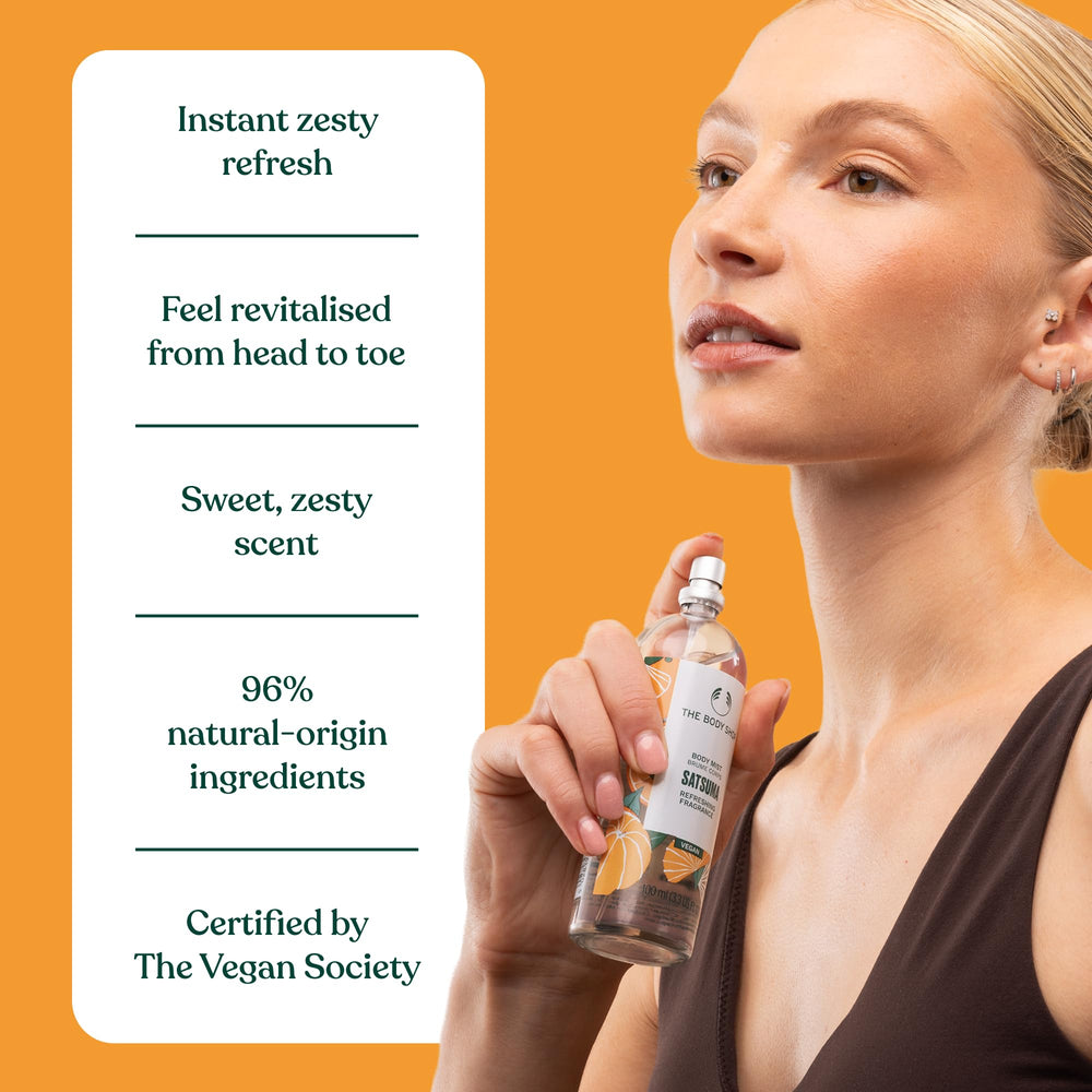 The Body Shop Satsuma Body Mist on skin with a light, non-sticky feel