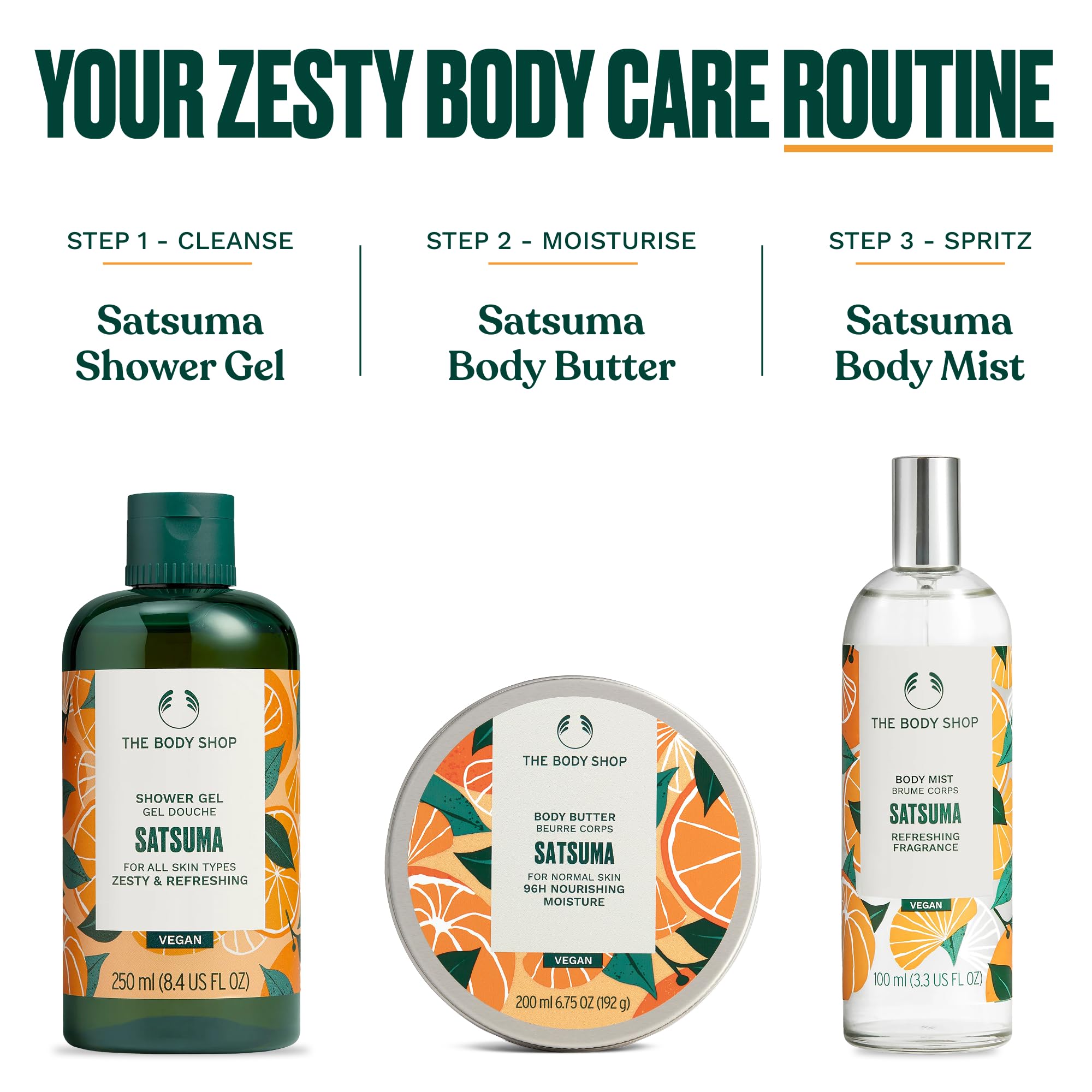 The Body Shop Satsuma Body Mist vegan formula label signals cruelty-free, ethical beauty