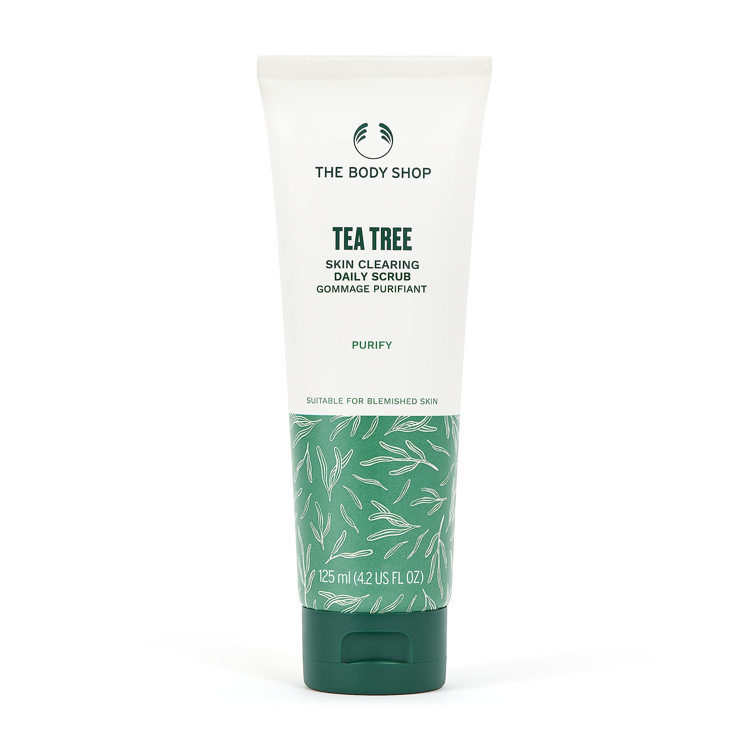 The Body Shop exfoliante de árbol de té: botella en primer plano para piel limpia.