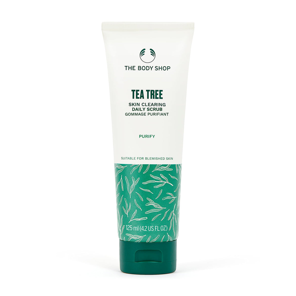 The Body Shop exfoliante de árbol de té: botella en primer plano para piel limpia.
