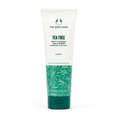 The Body Shop exfoliante de árbol de té: botella en primer plano para piel limpia.