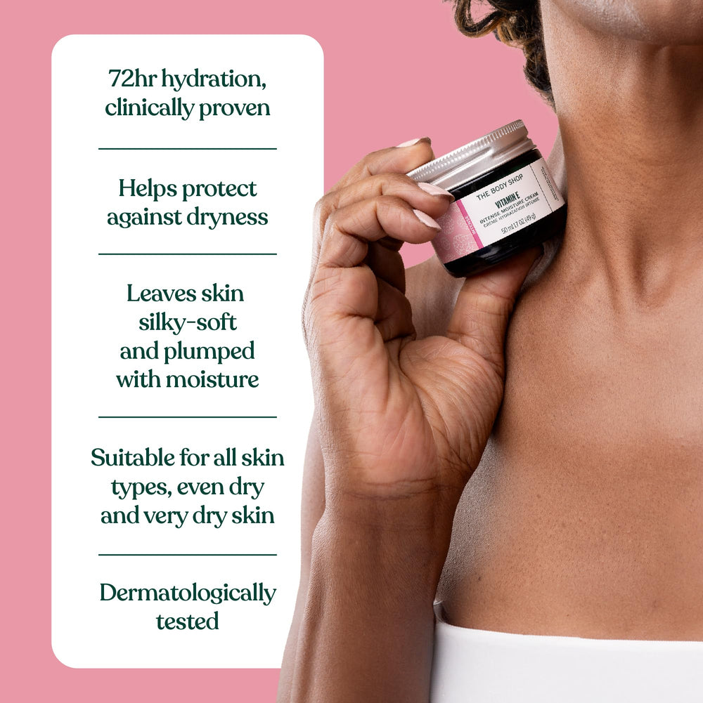 The Body Shop Vitamin E Intense Moisturizer jar shows rich but non-greasy finish.