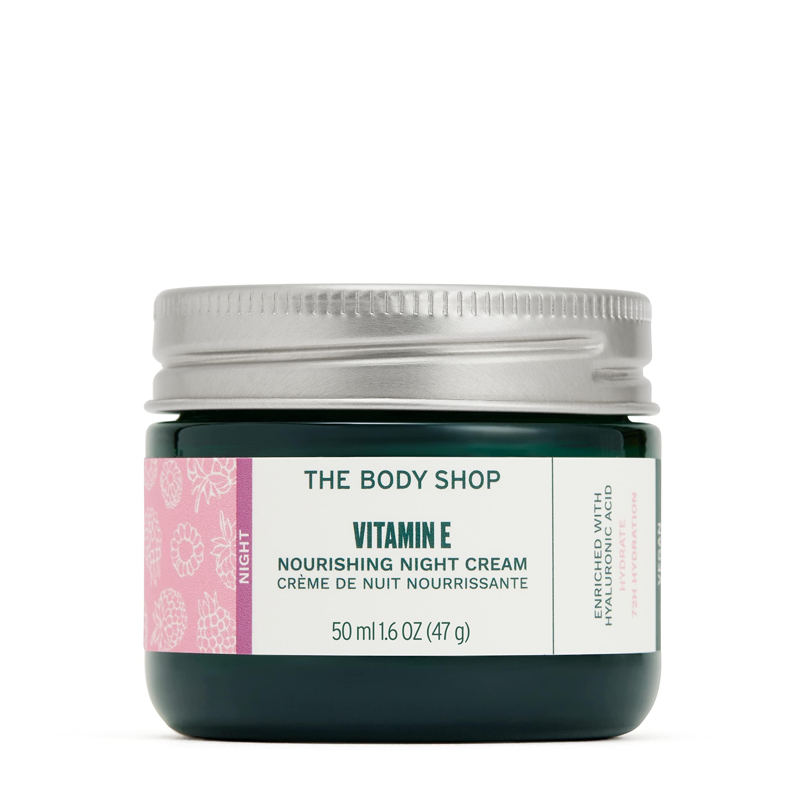The Body Shop Vitamin E Night Cream jar close-up shows rich hydration